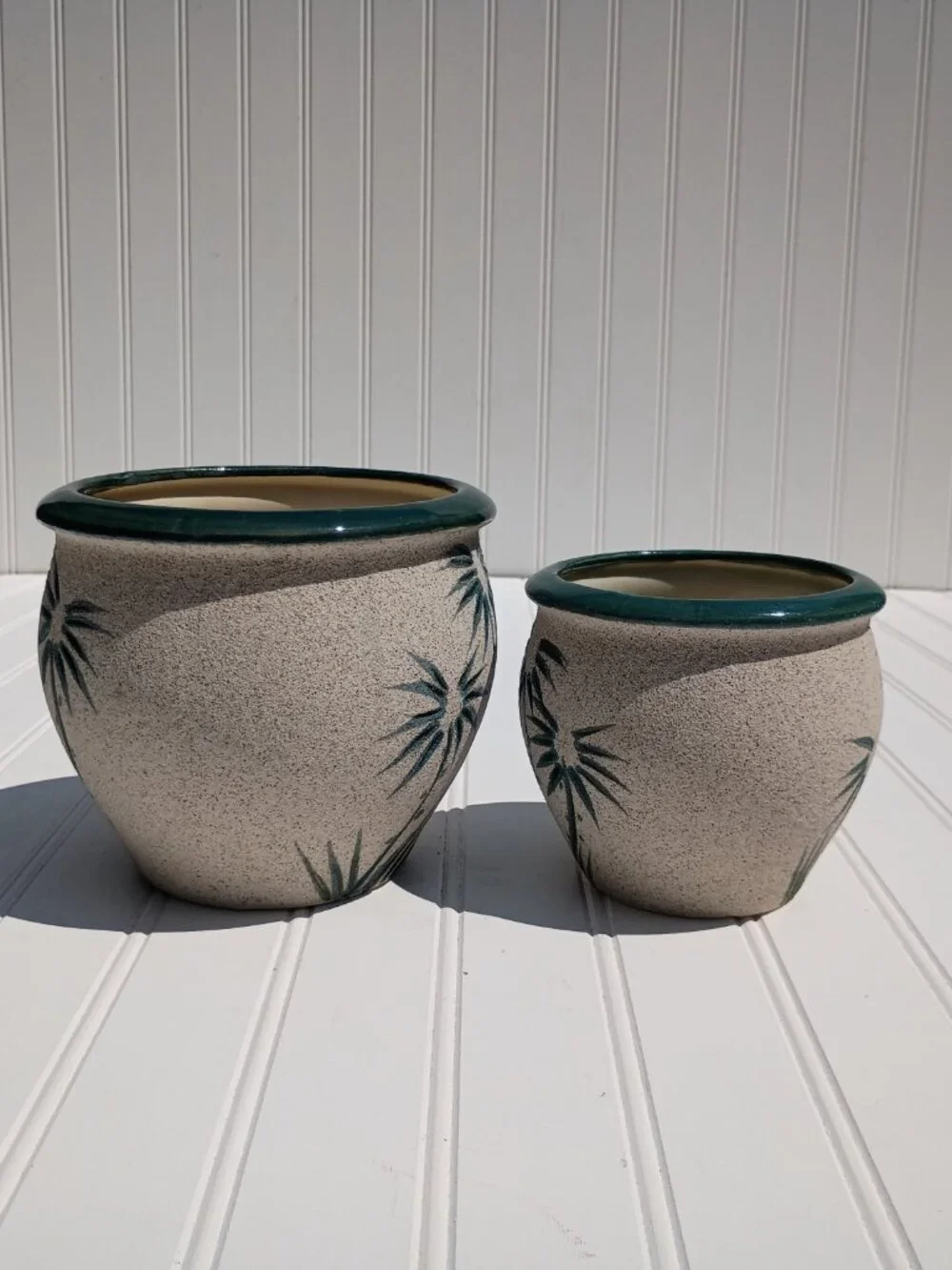 Vintage Pair of Pottery Planters Palm Tree Sandstone Glazed Ceramic Flower Pots